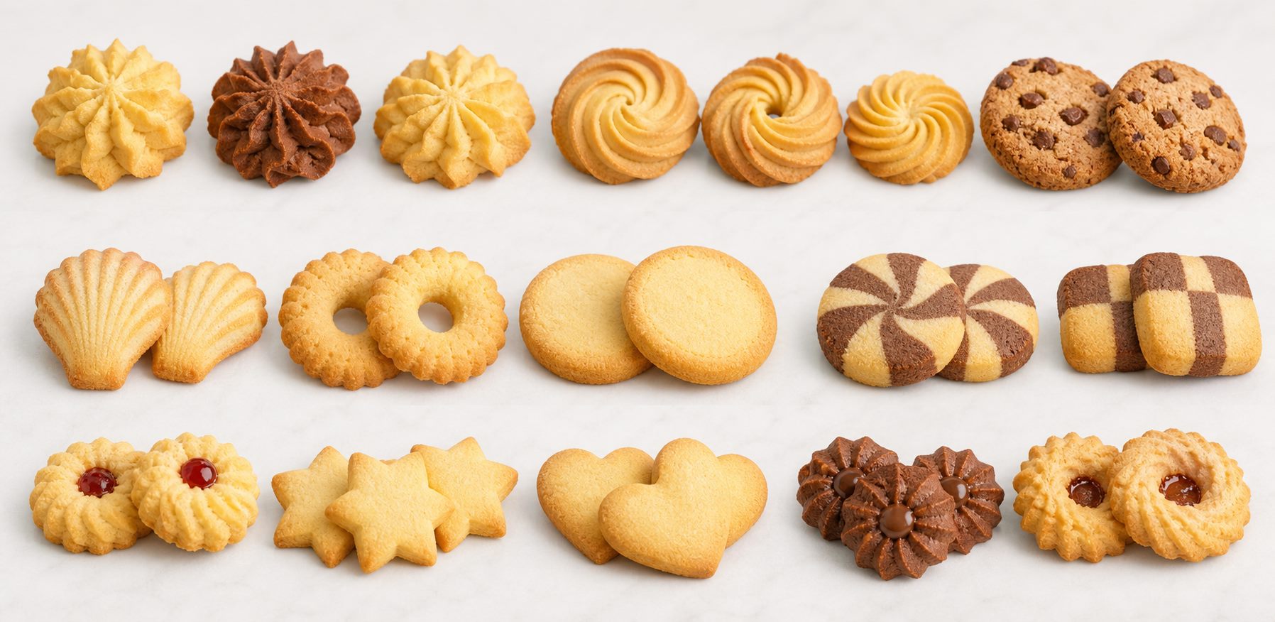 Assorted cookie shapes made by cookie machine